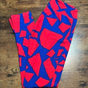 LuLaRoe Red and Blue Leggings with Geometric Pattern